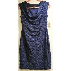 Connected Apparel Women's Blue Sequins Lined Draped Neck Dress Petite Size 4P